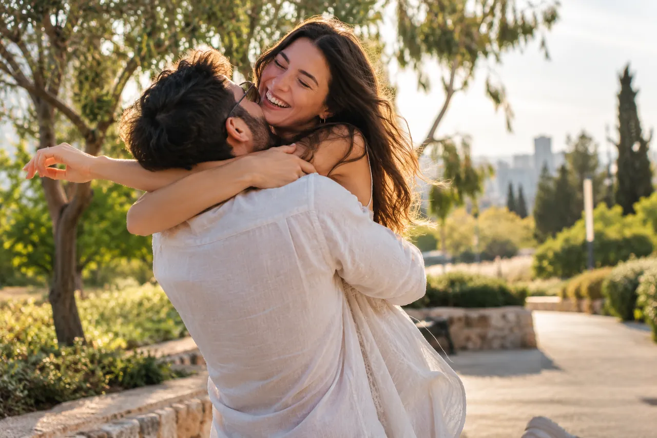 זוג מתחבק בשמחה בחוץ אחרי שסגרו את הצילום