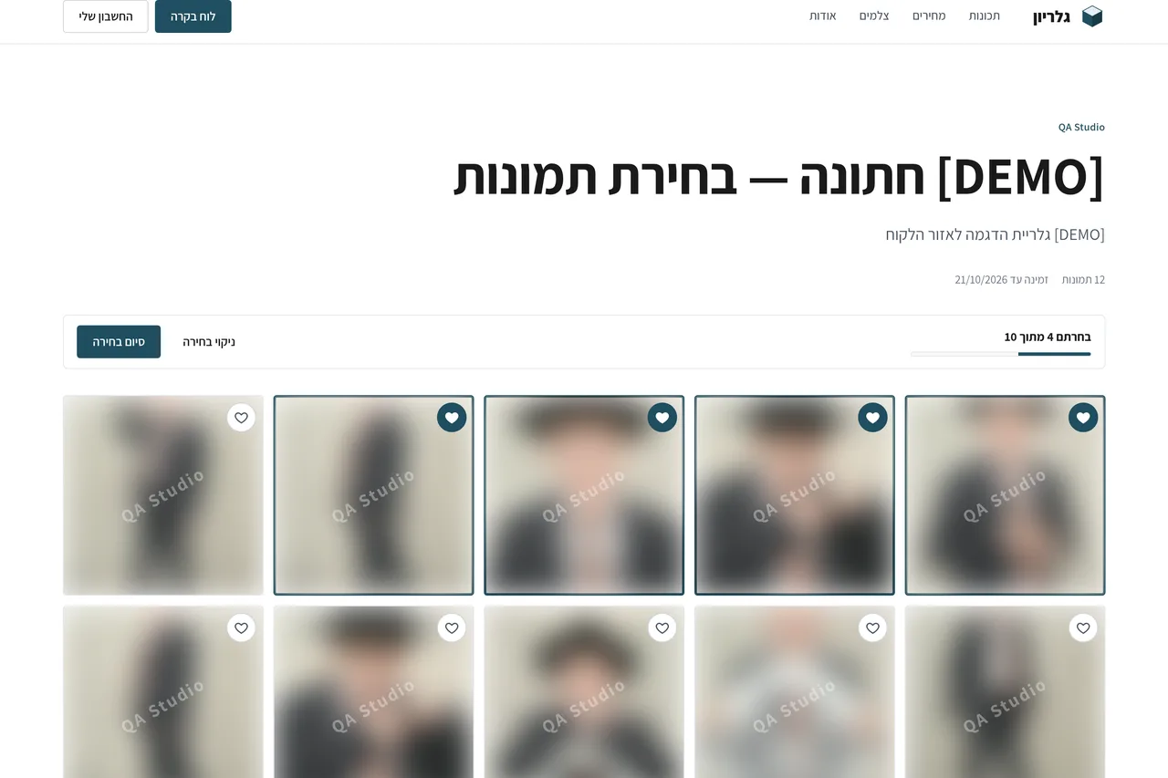 צילום מסך: גלריית לקוח עם בחירת תמונות