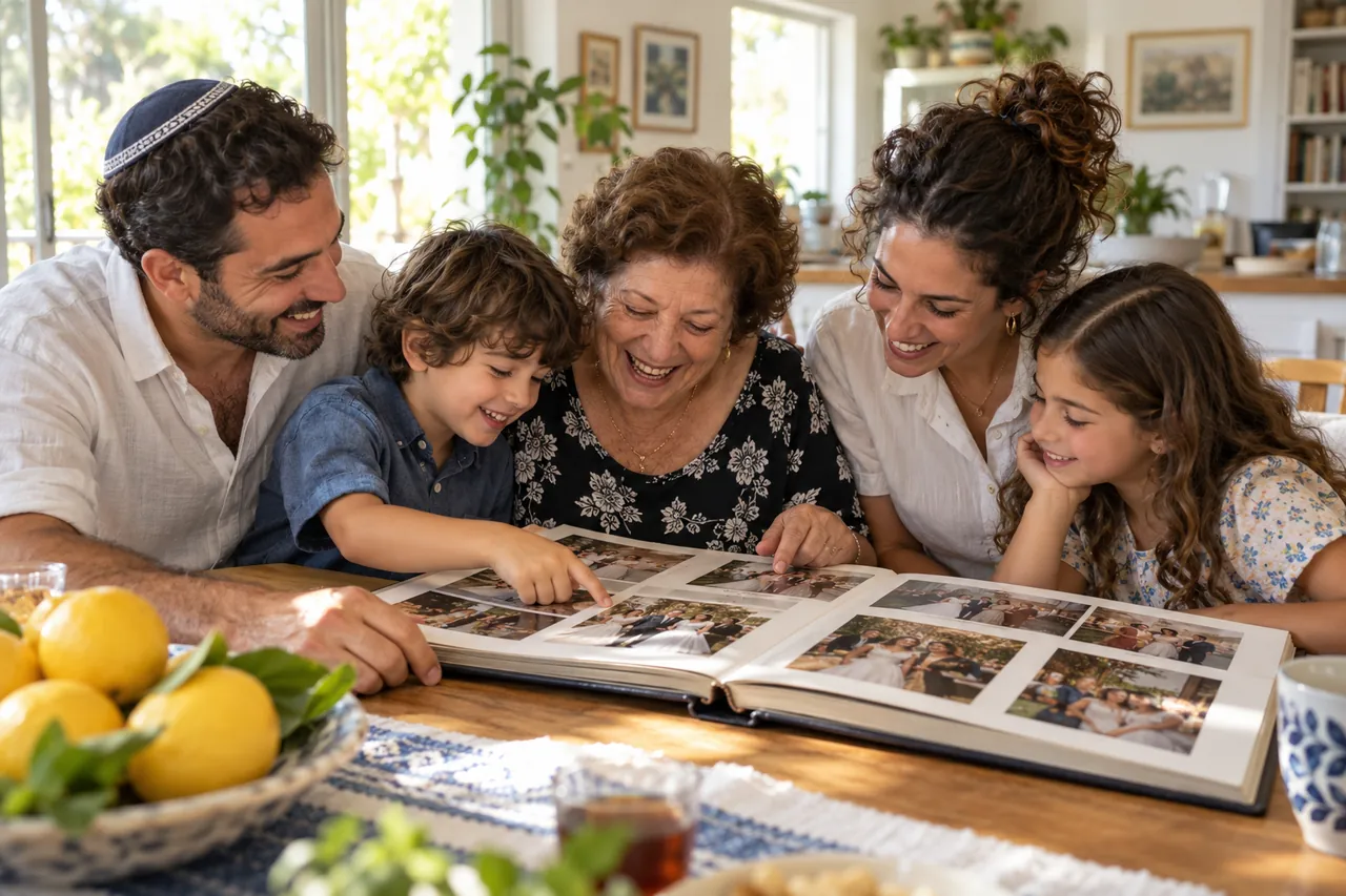 משפחה צוחקת יחד מעל אלבום תמונות מודפס