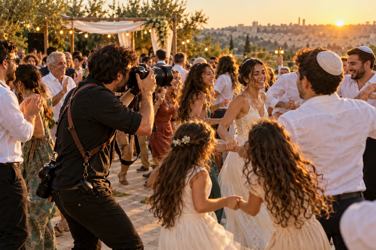 צלם מצלם חתונה שמחה בשקיעה, האורחים רוקדים סביבו